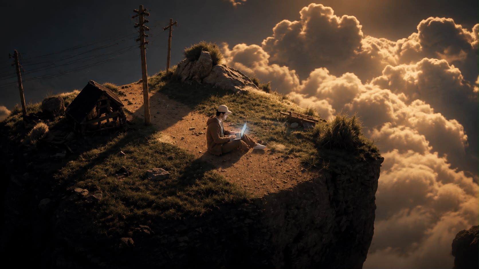 Marcel sitzt mit dem Laptop auf einer Bergklippe über den Wolken, goldenes Abendlicht